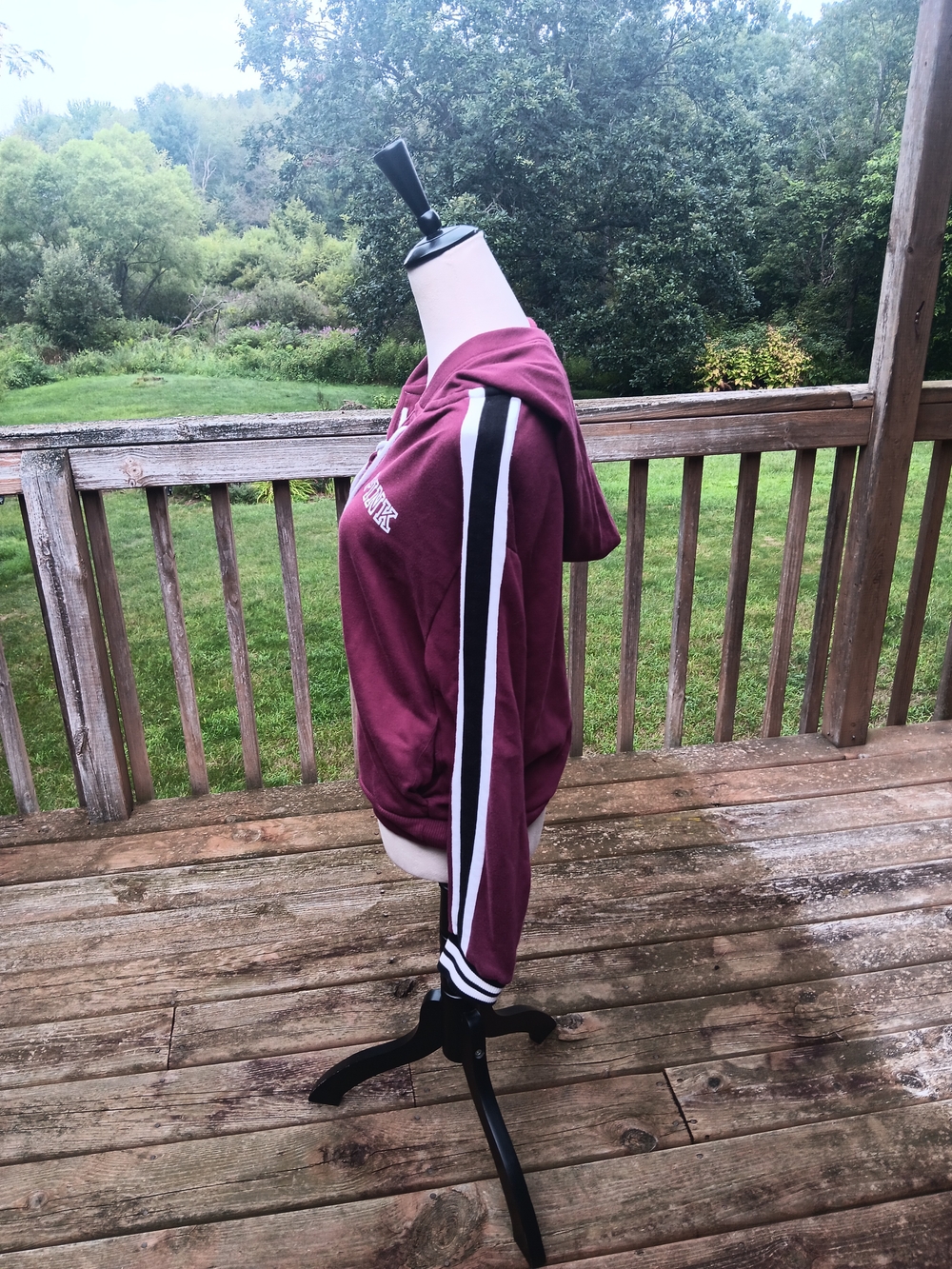 PINK Victoria's Secret Burgundy Lace Up Varsity Striped Hoodie Size SP - Picture 3 of 5